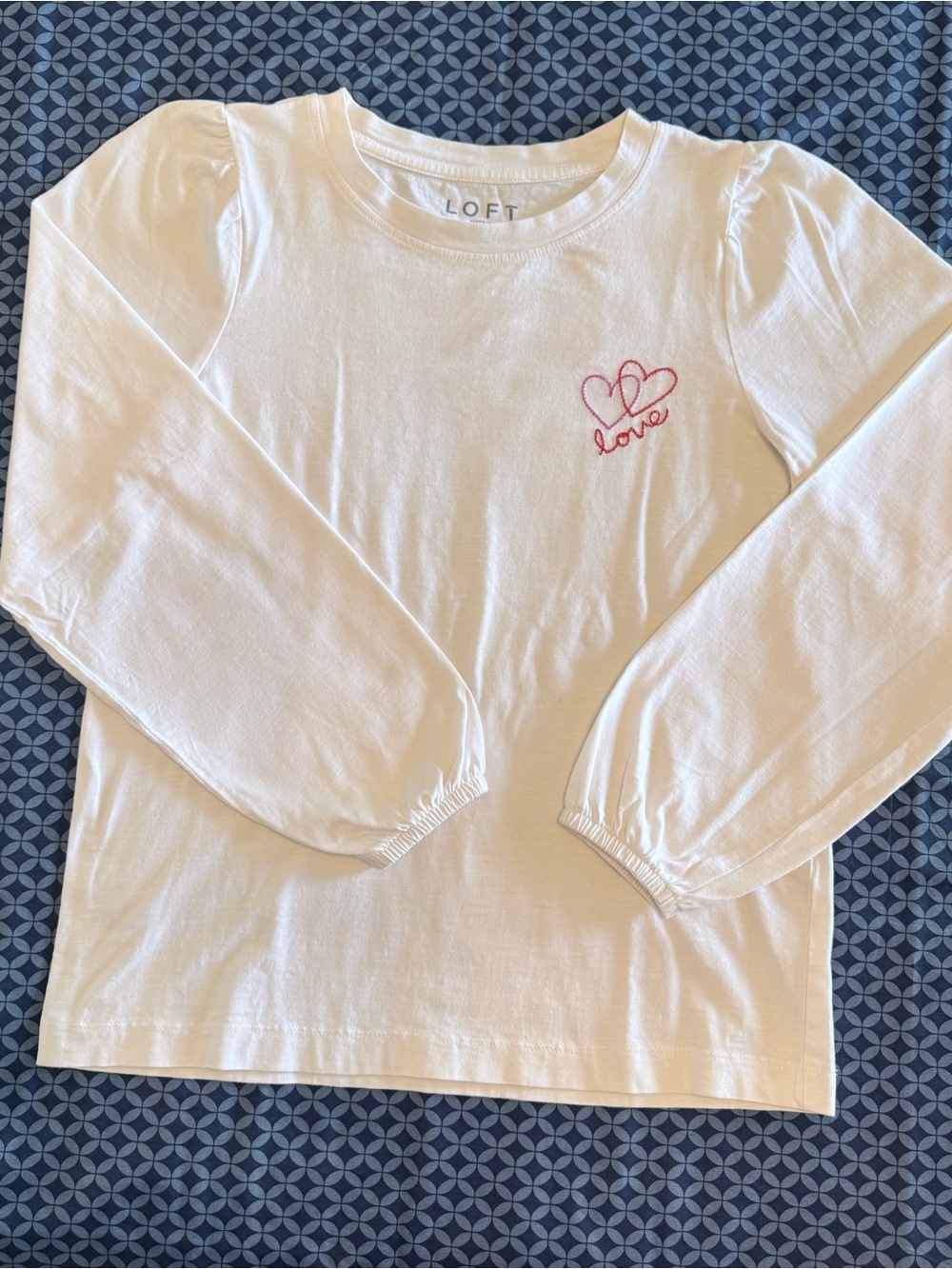 Women’s LOFT White Long-Sleeve Tee with Pink Heart and "Love" Embroidery